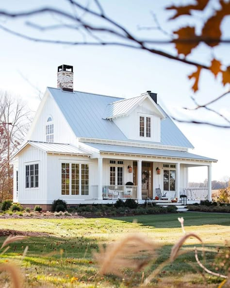 White House With Galvanized Roof, White Farmhouse Windows, Antique Farmhouse Exterior, Mini Farmhouse Plans, New Old Farmhouse, White House With Wood Accents, Southern Cottage Exterior, White Barndominium Exterior, Vintage Farmhouse Exterior