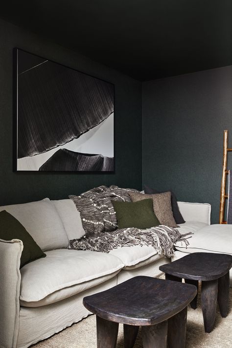 Dark Walls Cream Sofa, Dark Color Palette Black, Moody Organic Modern, Moody Den, Lounge Area Ideas, Lisa Hart, Moody Organic, Moody Color Palette, Tribeca Apartment