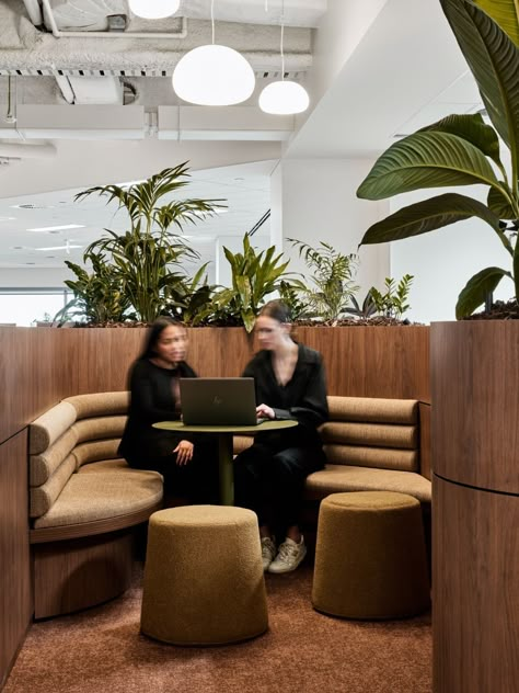 Melbourne Headquarters - JLL | IndesignLive Yoga Nook, Office Collaboration Space, Coworking Space Design, Collaboration Area, Office Waiting Rooms, Commercial Office Space, Booth Seating, Corporate Interiors, Banquette Seating