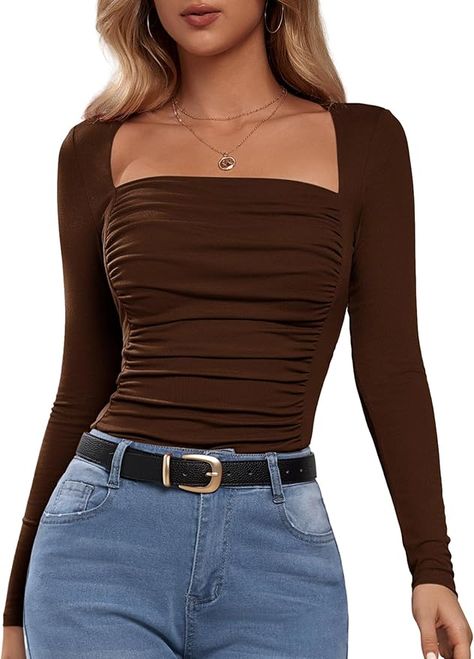 Florboom Women's Ruched Fitted Sexy Square Neck T-Shirts Long Sleeve Tops Trendy Casual Tees (Brown, 2XL) at Amazon Women’s Clothing store Tops Trendy, Casual Tees, Trendy Tops, Casual Tee, Amazon Women, Neck Shirt, Workout Tops, Square Neck, Clothing Store