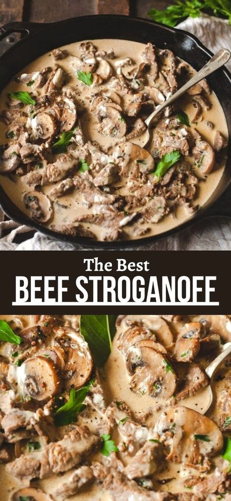 Stroganoff Beef, Best Beef Stroganoff, Steak Strips, Beef Stroganoff Easy, Mushrooms And Onions, Sour Cream Sauce, Stroganoff Recipe, Beef Stroganoff, Beef Recipes Easy