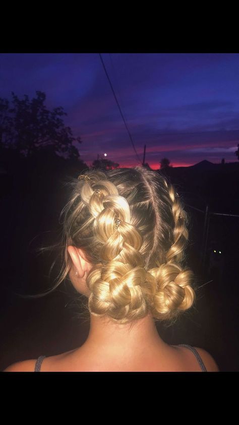 Hair Styles One Braid, Hairstyles Two Small Braids, French Braid Into Two Low Buns, Double Braids Into Low Buns, Dutch Braid Into Bun Sports, Braid In Back Of Hair, Braided Hairstyles Two Buns, French Braids Into Space Buns, Braids To Buns Hairstyle