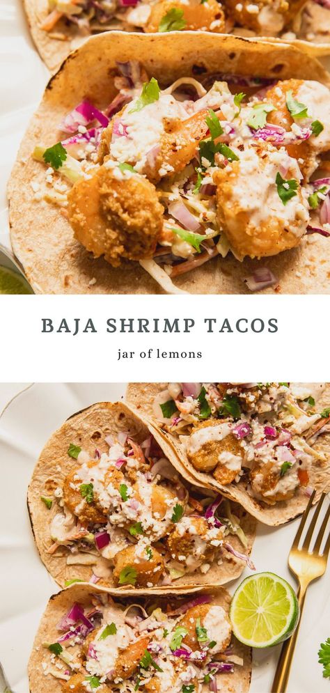 The BEST Baja Shrimp Tacos that are savory, lightly crunchy, full of flavor, spicy to taste, and just SO GOOD! Made with almond flour breaded shrimp, cabbage slaw with a creamy, smoky Baja sauce, fresh cilantro, lime, crunchy red onions, and cotija cheese, all wrapped in a warm whole wheat tortilla. These healthy tacos are perfect for anything, from an easy everyday dinner to a fun summer gathering with friends! Shrimp Cabbage, Slaw For Shrimp Tacos, Shrimp Taco Sauce, Baja Shrimp, Baja Shrimp Tacos, Baja Sauce, Shrimp Tacos Recipe, Street Taco Recipe, Grilled Shrimp Tacos