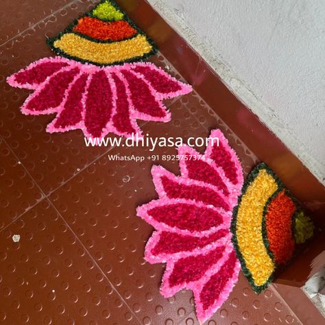 Rangoli mats | To order whatsapp +91 8925757374 Rangoli Designs From Flowers, Rangoli Mat Designs, Teej Decorations, Corner Rangoli Designs Easy, Corner Rangoli Designs, Navratri Decoration Ideas, Pattern Rangoli, Rangoli Idea, Ready Rangoli