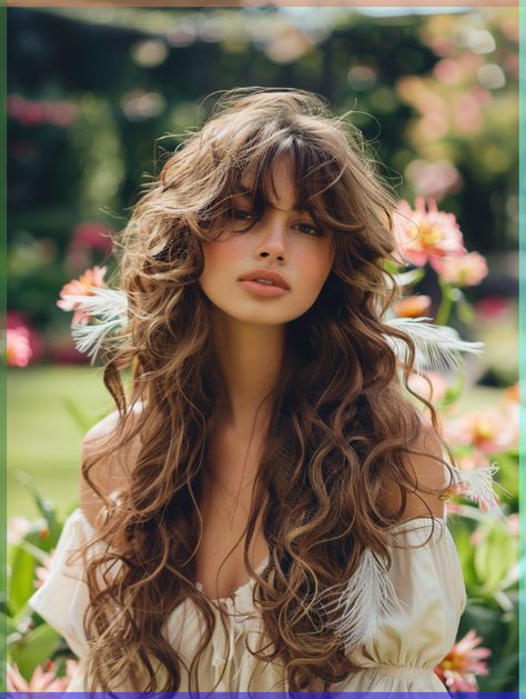 Hairstyles On Wavy Curly Hair, Bangs On Long Curly Hair, Long Curly Haircuts Round Face, Long Bangs For Wavy Hair, Curly Brown Hair With Curtain Bangs, Curly Hair Long Haircut, Types Of Bangs For Curly Hair, Long Bangs For Curly Hair, Shaped Hair Around Face