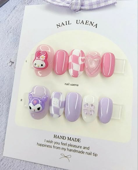 My Melody Nail Designs, Simple My Melody Nails, Cute Nail Designs Sanrio, My Melody Short Nails, Kuromi Nail Art Simple, Korean Pastel Nails, My Melody And Kuromi Nail Art, My Melody Kuromi Nails, Sanrio Gel Nails