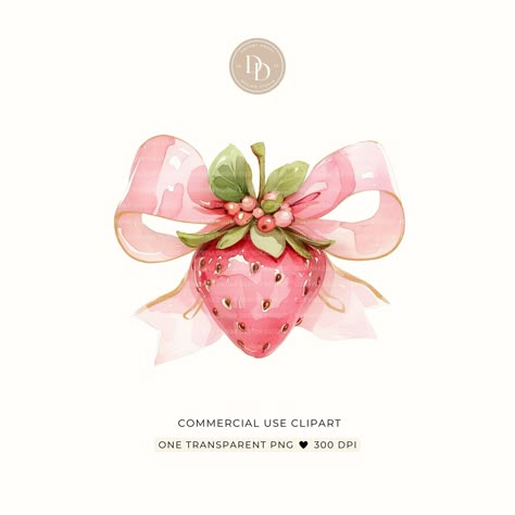 Strawberry Art Illustration, Coquette Clipart, Clipart Strawberry, Strawberry Coquette, Coquette Strawberry, Bow Illustration, Strawberry Clipart, Watercolor Strawberry, Strawberry Png