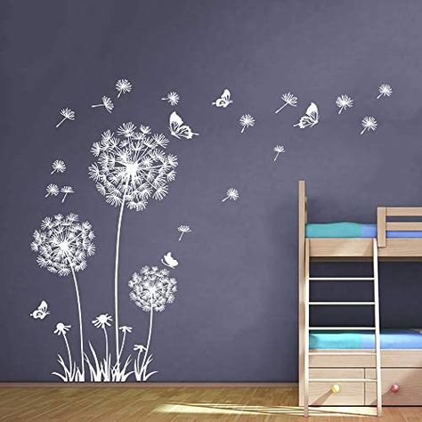 Dandelion Wall Mural, Dandelion Wall Painting, Dark Wall Decor Bedroom, Dandelion Bedroom Ideas, Butterfly Wall Decals Bedroom, Stencil Designs Wall Living Room, Giant Dandelion, Butterfly Wall Mural, Wall Art Bedroom Aesthetic