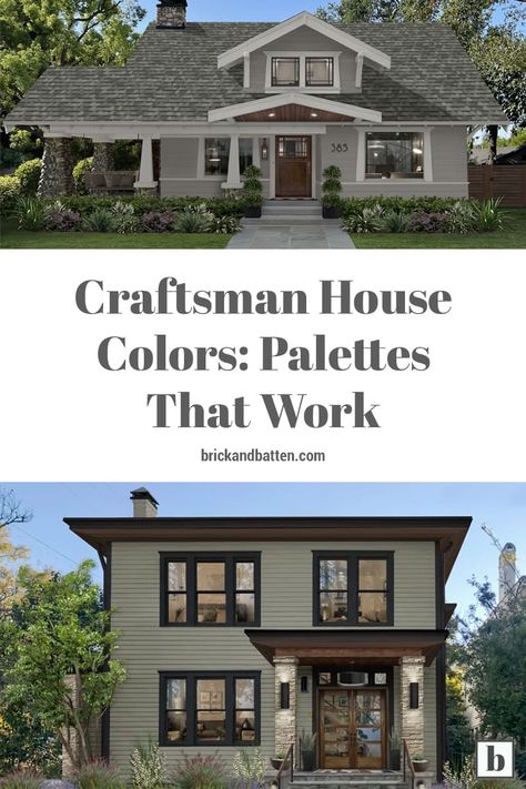 Craftsman House Colors: Palettes That Work | brick&batten Old House New Paint Exterior, Classic Craftsman Exterior Colors, Two Tone Green Exterior House Colors, Green Paint For Exterior House, Sage Green House With Black Trim, House Colors With Brown Trim, Green Exterior House Colors With Black Windows, Craftsman House Paint Colors Exterior, Craftsman Homes Exterior Colors