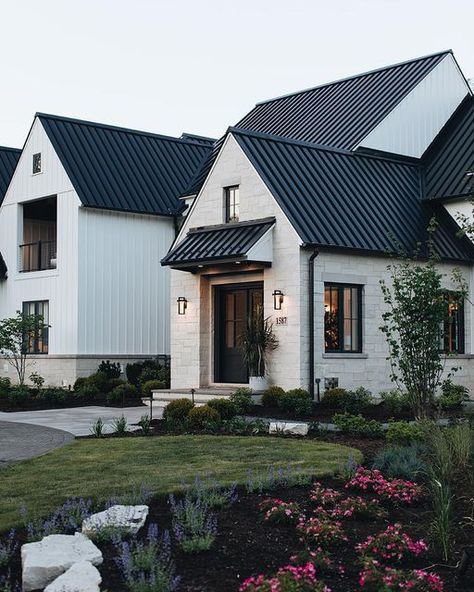 Modern English Country, Standing Seam Metal Roof, Gorgeous Houses, Beautiful Home Designs, Standing Seam, Modern Farmhouse Exterior, Farmhouse Exterior, Board And Batten, Metal Roof