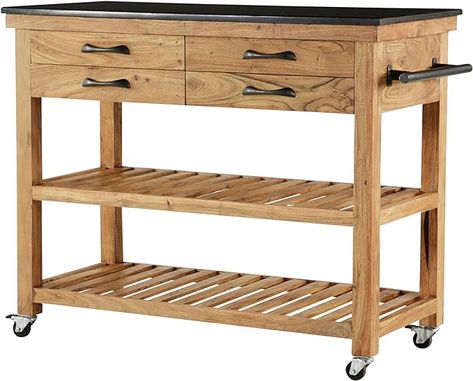 Amazon.com - Deco 79 Wood Rolling 4 Drawers and 2 Shelves Kitchen Cart with Handle, 46" x 21" x 36", Brown - Bar & Serving Carts Marble Top Kitchen Island, Granite Kitchen Island, Coastal Style Kitchen, Rolling Kitchen Cart, Slatted Shelves, Island Table, Kitchen Island Cart, Kitchen Island Table, Brown Kitchens