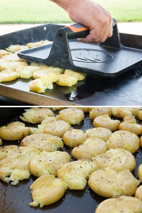 Smashed Potatoes Flat Top Grill, Smashed Potatoes On Blackstone Griddle, Black Stone Griddle Potatoes, French Dip Blackstone, Blackstone Grill Recipes Side Dishes, Flattop Grill Potatoes, Flat Top Side Dishes, Blackstone Griddle Potatoes, Potatos On Blackstone