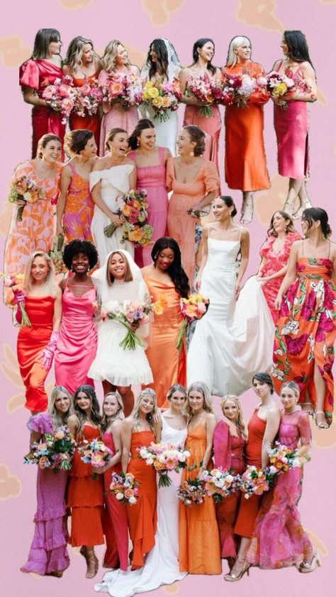 Bridesmaid Flower Dresses, Orange And Purple Bridesmaid Dresses, Red Orange Pink Wedding Color Palettes, Red Orange Bridesmaid Dresses, Pink And Red Bridesmaid Dresses, Orange Bridesmaid Dresses Mismatched, Orange And Pink Bridesmaid Dresses, Red And Pink Bridesmaid Dresses, Pink And Orange Bridesmaid Dresses