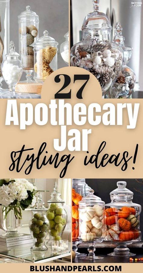 Filling Apothecary Jars, How To Decorate Apothecary Jars Ideas, Fill Jars Ideas, Apothecary Decor Kitchen, Halloween Jar Filler Ideas, Apothecary Jar Decorating Ideas, Apothecary Jar Christmas Decor, Decorative Jar Filler Ideas, Seasonal Vase Filler Ideas