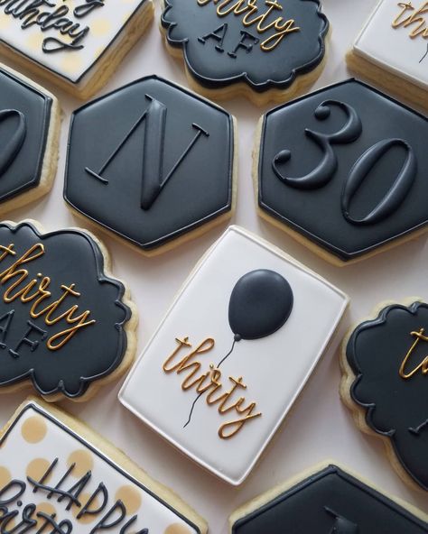 Lisette Cookie Studio on Instagram: “Thirty AF. #birthdaycookies #turning30 . . . #cookies #cookiesofinstagram #sugarcookies #sugarcookiesofinstagram #sugarcookiedecorating…” Desserts For 30th Birthday, Decorated Cookies 60th Birthday, Rip Cookies Decorated, Cookies For 30th Birthday For Her, Thirty Cookies Decorated, 30 Cookies Decorated, Rip 20s Dessert, 35 Birthday Cookies, Rip 30s Cookies