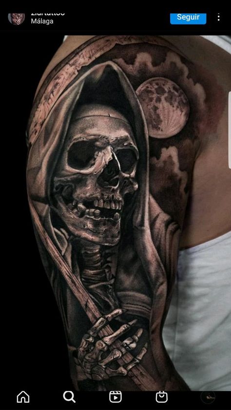 Pin on Idea Pins by you Realistic Reaper Tattoo, Evil Tattoos For Men, Tattoos Grim Reaper, Good And Evil Tattoos, Cover Up Tattoos For Men, Biomechanical Tattoo Design, All Seeing Eye Tattoo, Knee Tattoos, Dragon Tattoo Sketch