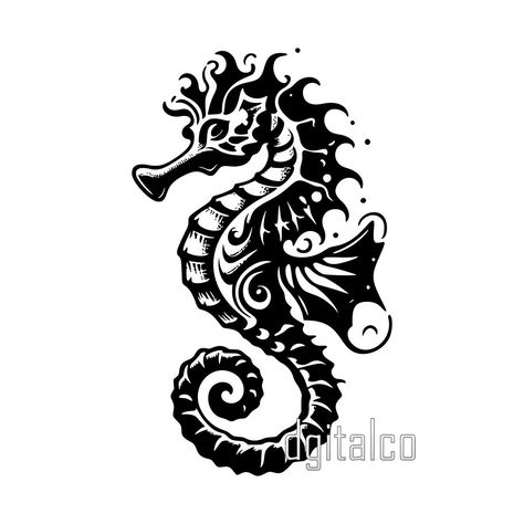 Male Seahorse Tattoo, Aquatic Animals Tattoo, Seahorse Symbolism, Traditional Seahorse Tattoo, Vector Tattoo Design, Seahorse Outline, Seahorse Tattoos, Male Seahorse, Celtic Zodiac