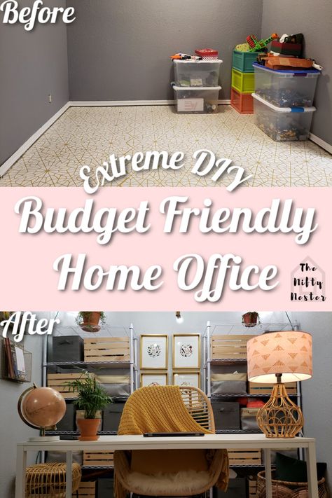 Inexpensive Office Design, Home Office Cheap Easy Diy, Inexpensive Office Ideas, Office Space On A Budget, Work Office Makeover Before And After, Budget Home Office Ideas, Office On A Budget Diy, Diy Office Renovation, Easy Office Makeover