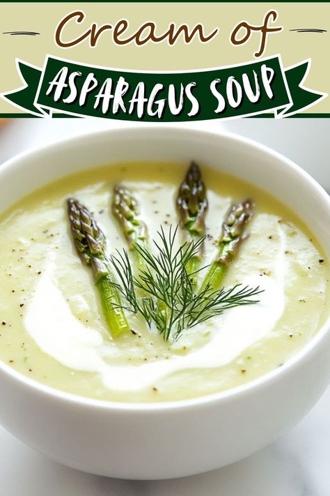 This velvety cream of asparagus soup is a great way to get in your veggies! With heavy cream and a touch of lemon, the flavor is out of this world. Asparagus Cream Soup Recipe, Easy Cream Of Asparagus Soup, Cream Asparagus Soup, Vegan Cream Of Asparagus Soup, Asparagus Soup Recipes Cream Of, Cream Soups For Liquid Diet, Cream Of Asparagus Soup Recipe, Food Ideas For Work, Asparagus Soup Recipe