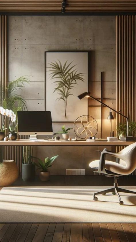 A bali inspired home office Bali Style Home Office, Bali Desk, Zen Workspace, Bali Inspired Home, Zen Office Space, Guest Bedroom And Office, Zen Home Office, Calm Workspace, Home Office Natural