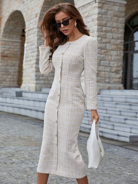 Free Returns ✓ Free Shipping On Orders $49+ ✓. Split Back Button Front Tweed Fitted Dress- Women Dresses at SHEIN. Tweed Dress Outfit Classy, Tweed Dress Outfit, White Tweed Dress, Tweed Fashion, Smart Wear, Tweed Outfit, Chic Fall Outfits, Mesh Bodycon Dress, Graphic Dress