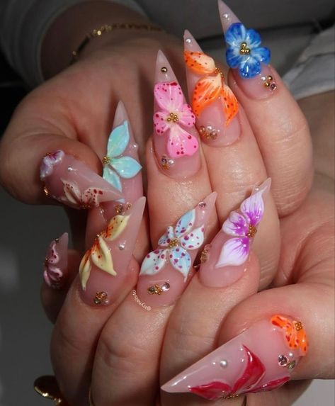 Long Pointy Nails, Summer Nails Long, Spring Flower Nails, Nails Inspo Summer, Pointy Nails, Basic Nails, Girly Acrylic Nails, Work Nails, Dope Nail Designs