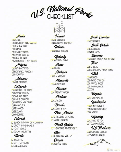 Updated with all 62 National Parks! Do you have a National Parks bucket list? If so, here's your free printable list of National Parks by state so you can check them off one by one.  Whether you're on the west coast and experiencing the beautiful mountains of Glacier National Park or you're in Florida walking past the alligators in Everglades National Park, each individual park has something special about it. #nationalparks #usa #printable #findyourpark List Of National Parks, Rv Essentials, Alaska National Parks, Guadalupe Mountains, Indiana Dunes, Everglades National Park, National Parks Map, National Park Road Trip, Kings Canyon