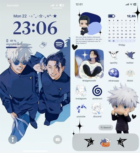 Phone Theme Wallpapers, Satosugu Phone Theme, Jjk Phone Layout, Jjk Themed Phone, Jjk Phone Theme, Jujutsu Kaisen Homescreen, Iphone Layout Anime, Phone Design Ideas Home Screen, Anime Ios Layout