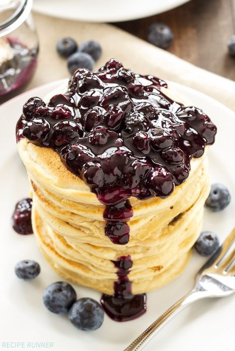 Blueberry Vanilla Protein Pancakes | Protein powder transforms these pancakes into a delicious protein packed breakfast! @EASBrand #ad Blueberry Pancake Topping, Sauce For Pancakes, Fluffy Lemon Ricotta Pancakes, Vanilla Protein Pancakes, Blueberry Sauce Recipe, Lemon Blueberry Pancakes, Lemon Pancakes, Lemon Ricotta Pancakes, Ricotta Pancakes