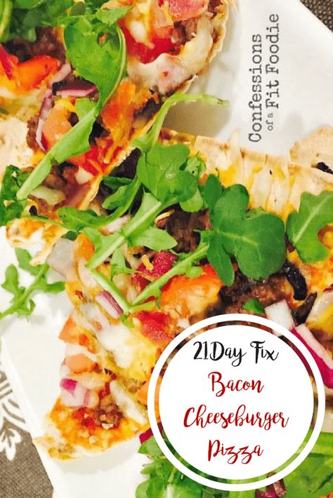 A fun twist on a bacon cheeseburger... deconstructed on a pizza!  It has all the best parts of the classic, with some healthy swaps and added veggies to stay on track! #21dayfix #baconcheeseburger #pizzanight 80 Day Obsession Meal Plan, Beach Day Food, Bacon Cheeseburger Pizza, Confessions Of A Fit Foodie, Turkey Quinoa, Cheeseburger Pizza, Main Entree Recipes, 21 Day Fix Breakfast, Fixate Recipes