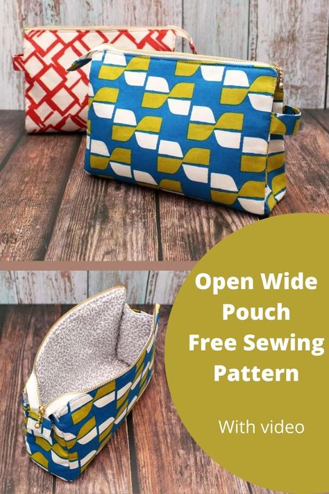 DIY Open Wide Pouch FREE sewing tutorial (with video) - Sew Modern Bags All Zippered Pouches Free Pattern, Toilet Bag Pattern Free, Free Bag Patterns To Sew Easy Zipper Pouch, Open Wide Zipper Pouch Pattern, Sew Cosmetic Bag Pattern, Diy Pencil Pouch No Zipper, Easy Cosmetic Bag Pattern, Zipper Pouch Sewing Pattern Free, Cosmetic Bag Pattern Free Zipper Pouch Tutorial