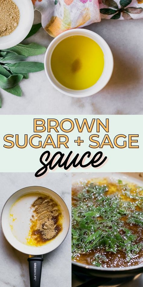 Brown Sugar Sage Sauce, a sweet, savory, and simple homemade sauce with browned butter, brown sugar, and fresh sage. You'll love this delicious sauce that's so quick and easy to whip up! Nut Sauce Recipe, Sage Butter Pasta, Brown Sugar Caramel Sauce, Pine Nuts Pasta, Brown Sugar Sauce, Butter Sauce For Pasta, Vegetarian Sauces, Brown Sugar Caramel, Brown Butter Sage Sauce