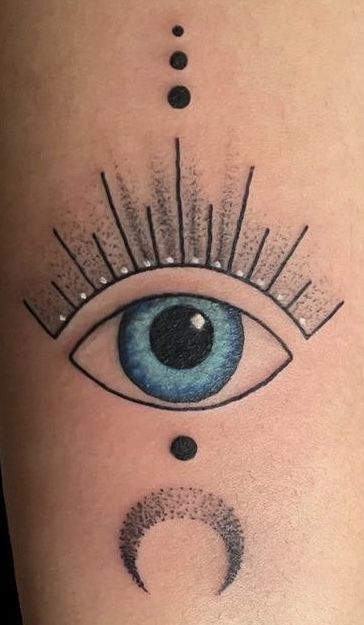 Moon Evil Eye Tattoo, Evil Eye With Moon Tattoo, Eye Tattoo On Finger, Finger Evil Eye Tattoo, Evil Eye Neck Tattoo, Aesthetic Evil Eye, Evil Eye Tattoo For Women Arm, Turkish Eye Tattoo, Evil Eye Tattoo For Women