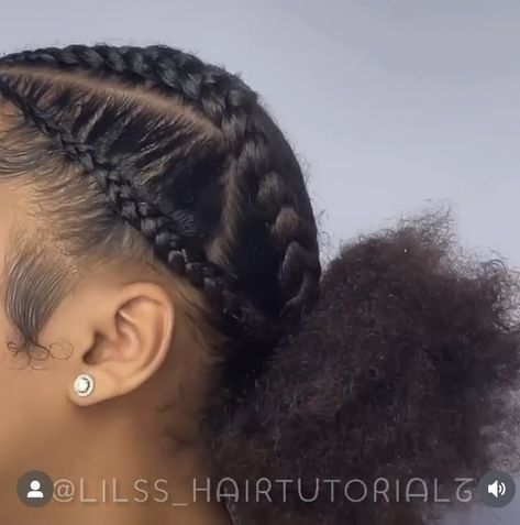 4c Volleyball Hairstyles, Braided Up Puff Natural Hair, Cornrow Puff Hairstyles For Black Women, Braided Puff Hairstyles Black Women, 4 Braids Natural Hair, Two Braids 4c Hair, Cornrow Into Ponytail Natural Hair, Cornrow Ponytail Natural Hair, Dutch Braids 4c Hair