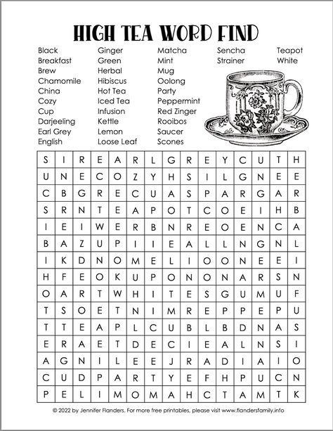 Tea Party Word Search Free Printable, Tea Time Trivia, High Tea Games, Afternoon Tea Ideas Decorations, Kitchen Tea Themes, High Tea Decor, Tea Ministry, Tea Activities, Kitchen Tea Games