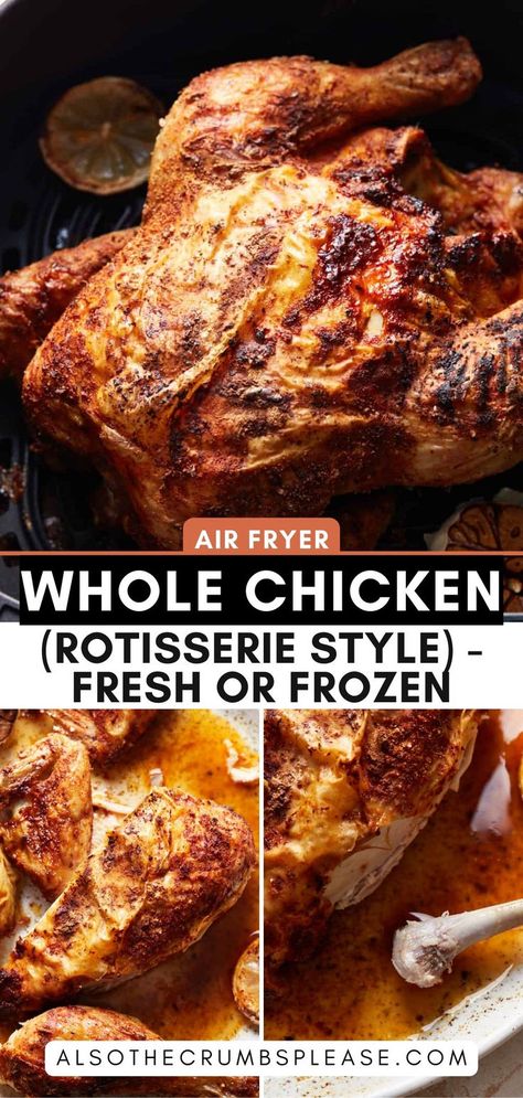 Looking for a hassle-free dinner idea? Try this air fryer whole chicken recipe that delivers a golden, crispy exterior and juicy, tender meat on the inside. Your go-to meal for an easy, weeknight feast! #EasyDinner #AirFryerCooking #WholeChickenRecipe Whole Air Fryer Chicken Recipes, Air Fryer Whole Chicken Rotisserie, Air Fryer Roast Chicken Whole, Whole Chicken Air Fryer, Whole Chicken In Air Fryer, Air Fryer Whole Chicken Recipe, Air Fryer Rotisserie Chicken, Air Fryer Whole Chicken, Whole Chicken Recipe