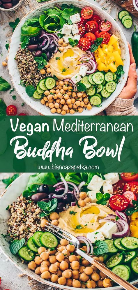 Quinoa Bowl Vegan, Buddha Bowl Vegan, Budha Bowls, Vegan Bowl Recipes, Vegetarian Bowls, Hummus Bowl, Vegan Feta, Buddha Bowls Recipe, Healthy Bowl