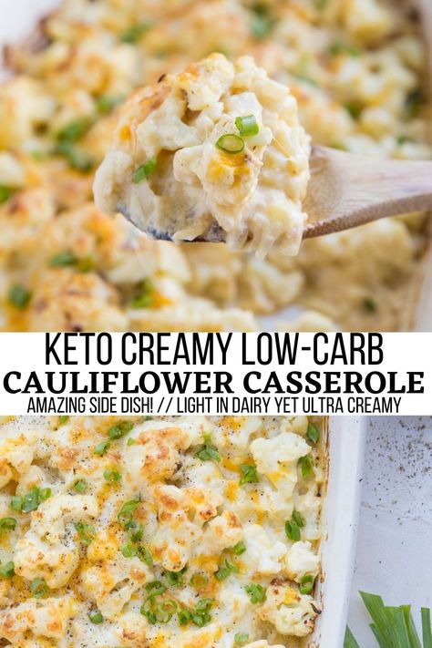 Creamy Cauliflower Casserole (Keto) - The Roasted Root Cauliflower Casserole Keto, Keto Cauliflower Casserole, Cauliflower Au Gratin, Casserole Keto, Cauliflower Casserole Recipes, Loaded Cauliflower Casserole, Au Gratin Recipes, Keto Sides, Cauliflower Gratin