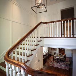 Mansion Fence, Staircase Painting, Craftsman Stairs, Surf Cottage, Fence House, Stairs Foyer, Stair Walls, Woods Cabin, Paneled Walls