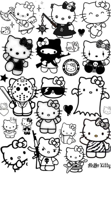 Tattoos To Color In, Halloween Hello Kitty Tattoo, Cute Black And White Stickers, Stickers To Print Out, Stickers Drawing Ideas, Black And White Hello Kitty, Hello Kitty Tattoo, Hello Kitty Stickers, Y2k Stickers