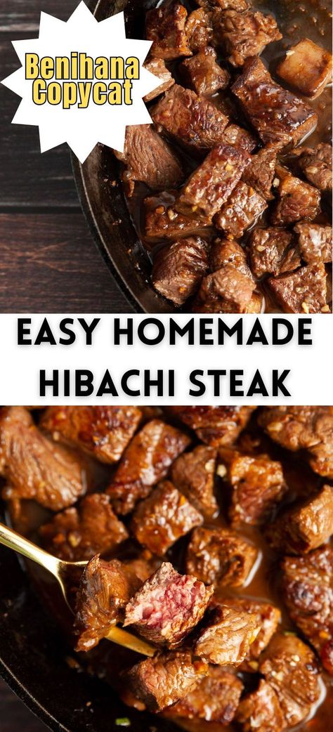 This easy homemade hibachi steak recipe is a Benihana copycat easy recipe that brings your favorite Japanese steakhouses to your own kitchen! Without any fancy equipment, and with a few pantry staple ingredients, it has never been easier to make a “special occasion” meal any day of the week. All you need is a skillet, some delicious steaks, and 25 minutes! Teriyaki Steak Recipe, Blackstone Habatchi Recipe, Special Dinner Ideas Families, Easy Staple Dinners, Hibachi Meat Marinade, Flat Top Steak Recipes, Hibachi Side Dishes, Hibachi Recipes At Home, Hibachi Burrito Recipe