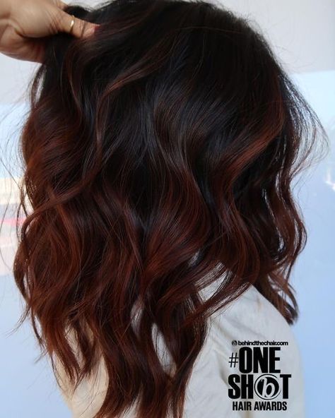 Dark Brown And Red Hair Balayage, Brown And Red Hair Balayage, Dark Brown Hair With Burgundy Highlights, Ombre For Dark Brown Hair, Black And Auburn Hair, Dark Red And Brown Hair, Mahogany Highlights On Dark Hair, Dark Red Highlights On Dark Hair, Hair Dye Colors For Brunettes