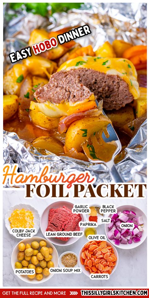 hamburger foil packet Hobo Foil Packs Ground Beef Oven, Dinner Foil Packets, Hobo Dinner Recipes, Hamburger Dinner, Hobo Dinner, Tin Foil Dinners, Camp Recipes, Foil Packet Dinners, Foil Pack Meals