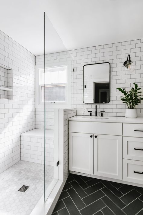 Master Bathrooms With Black Fixtures, Modern Farmhouse Master Bath Black And White, Black Tile Bathroom White Vanity, Modern Bathroom Design Farmhouse, Black And White Bathroom Modern Farmhouse, All White And Black Bathroom, Master Bath With White Tile, Bathroom Floor Tile With White Vanity, Bathroom Tile White Vanity