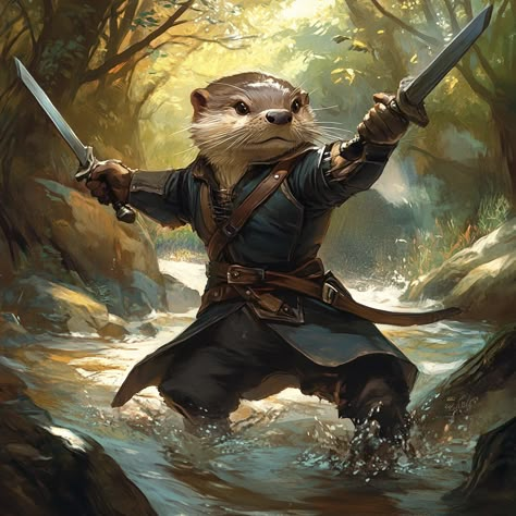 an otter holding daggers, bloomburrow magic the gathering art style, action fight stance Otter Folk Dnd, Otterfolk Art, Dnd Otterfolk, Bloomburrow Art, Fantasy Otter, Animal Warrior, Folk Bird, Mouse Guard, Magic The Gathering Art