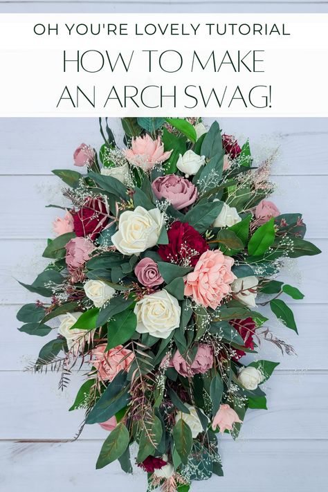 Diy Floral Spray For Arch, How To Make Flower Swag For Arch, How To Wedding Arch Flowers, How To Make A Corner Floral Swag, How To Make Floral Arch Arrangement, How To Make Flower Arrangements For Arch, Hanging Floral Arrangements Diy, Diy Flower Swag Wedding, Floral Wall For Wedding