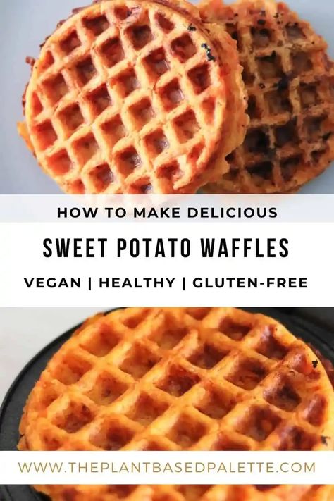 This savory sweet potato waffles is vegan, easy, delicious and gluten-free. This waffle recipe only requires a few simple ingredients. These savory waffles makes for a perfect plant-based base to hold whatever toppings you so choose. They make for a great whole food plant-based breakfast, lunch or dinner. This recipe is very versatile and pairs well with many different flavors from sweet to savory. Potato Waffle Recipe, Waffle Sandwich Breakfast, Gluten Free Sweet Potato, Potato Waffles, Sweet Potato Waffles, Savory Waffles, Waffle Maker Recipes, Yummy Sweet Potatoes, Stuffed Sweet Potato Healthy