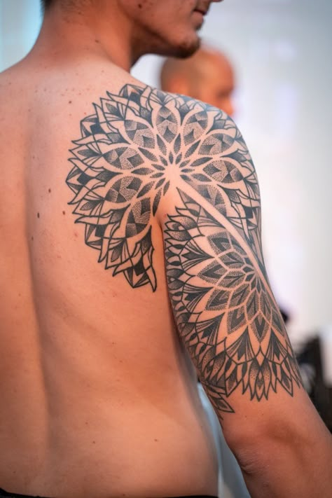 Mandala Half Sleeve Tattoo Men, Mandala Bicep Tattoo, Geometric Tattoo Half Sleeve, Half Sleeve Tattoos Upper Arm, Arm Tattoo Geometric, Mandala Tattoo Bicep, Mandala Half Sleeve, Half Mandala Design, Geometric Half Sleeve