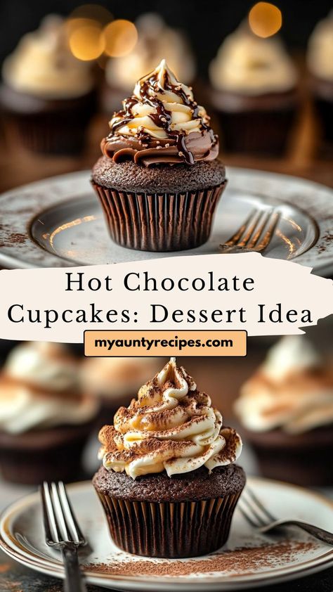 Add some sweetness to your winter meals dinners with these Decadent Hot Chocolate Cupcakes. Rich chocolate flavor, fluffy frosting, and a hint of marshmallow make these cupcakes a must-have for Friendsgiving food ideas or winter celebrations. Chocolate Cinnamon Cupcakes, Celebration Cupcakes Ideas, Hot Chocolate Frosting Recipe, January Cupcakes Ideas, Holiday Flavored Cupcakes, Chelsweets Cupcakes, Deconstructed Cupcake, January Cupcakes, Stuffed Cupcake Recipes