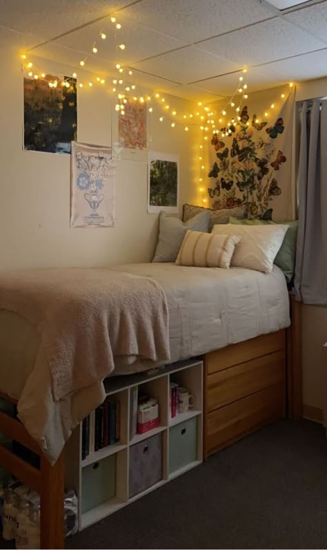 Butterfly dorm room boho Forest Dorm Room, Dorm Inspo Green, College Dorm Room Ideas Cozy, Dorm Room Mirror, Cozy Dorm Room Aesthetic, Double Dorm Room Ideas, Dorm Set Up Layout, Dorm Inspo Cozy, Dorm Storage Ideas